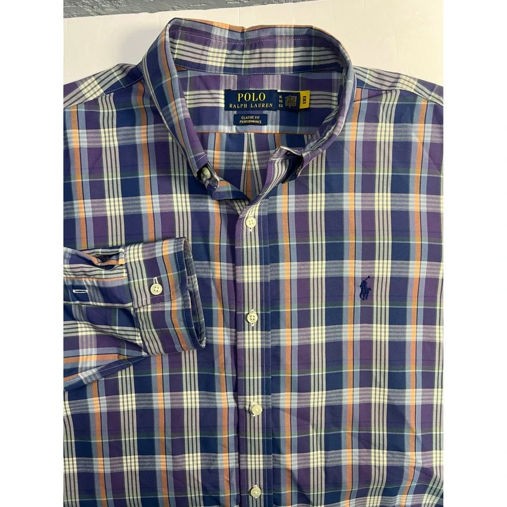Polo Ralph Lauren Mens XL Classic Fit Performance Plaid Shirt Purple Blue Orange